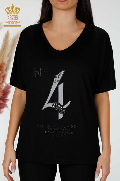 Bluză de damă cu ridicata cu detaliu text Negru - 78935 | KAZEE - Thumbnail