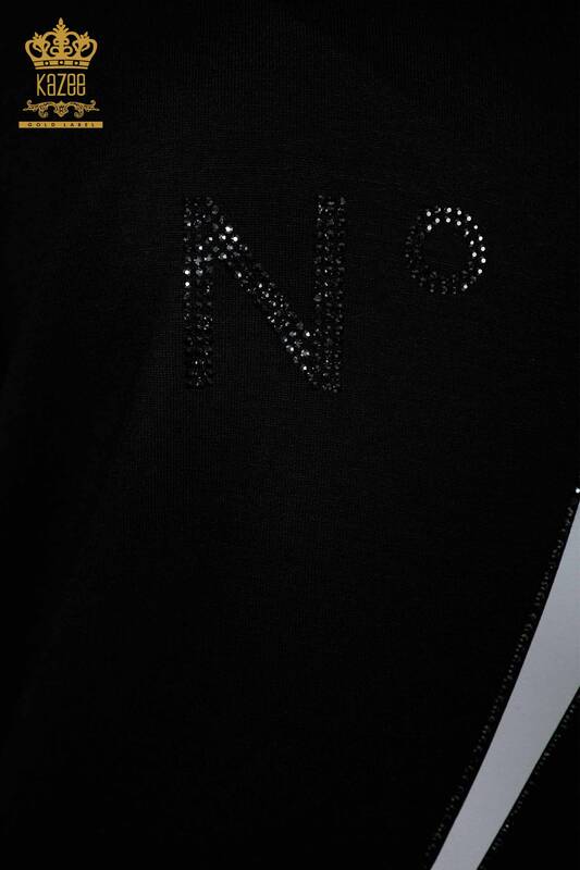 Bluză de damă cu ridicata cu detaliu text Negru - 78935 | KAZEE