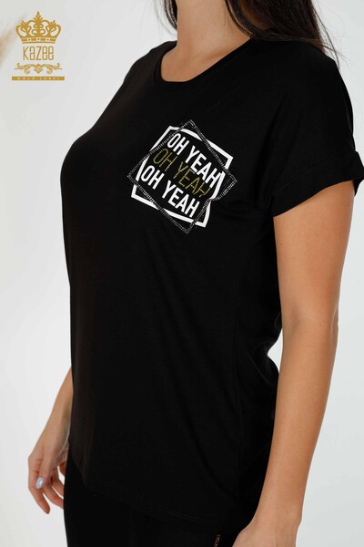 Bluză de damă cu ridicata cu detaliu text Negru - 78955 | KAZEE - Thumbnail