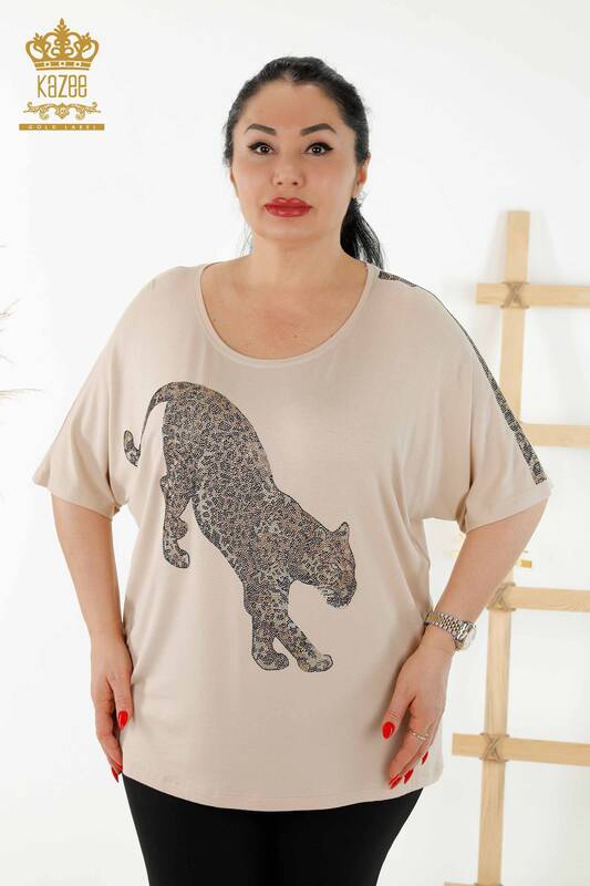 Bluză cu ridicata pentru femei Tiger Bej - 77683 | KAZEE