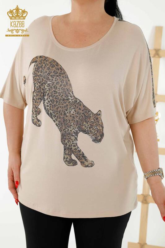 Bluză cu ridicata pentru femei Tiger Bej - 77683 | KAZEE