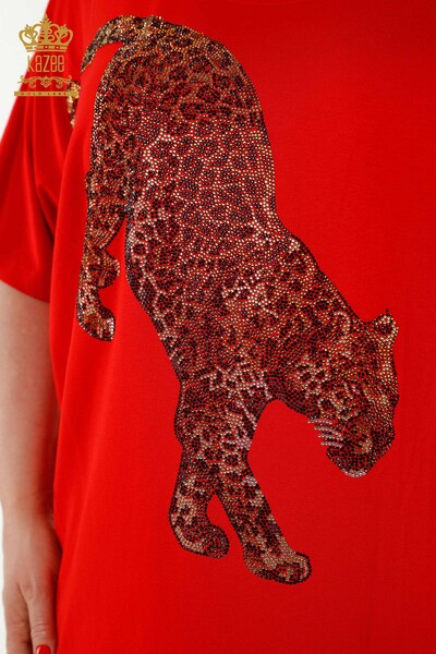 Bluză de damă roșie cu detaliu tigru - 77683 | KAZEE - Thumbnail