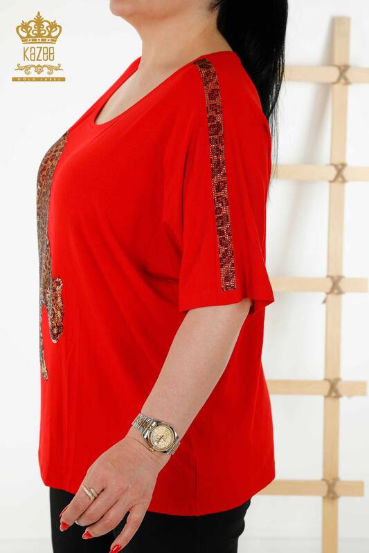 Bluză de damă roșie cu detaliu tigru - 77683 | KAZEE