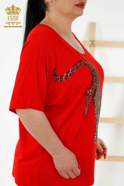 Bluză de damă roșie cu detaliu tigru - 77683 | KAZEE - Thumbnail