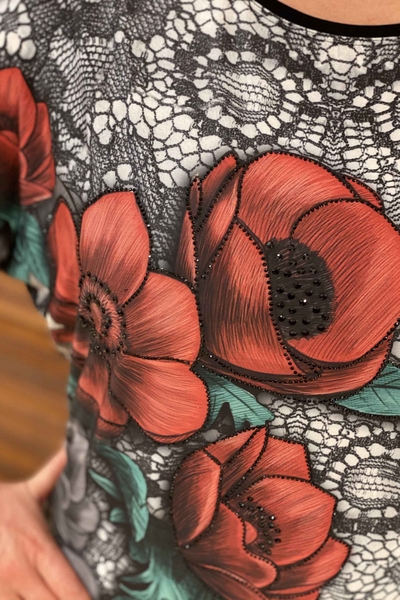 Bluză de damă cu ridicata, cu model de trandafiri, brodate cu piatră - 76149 | Kazee - Thumbnail