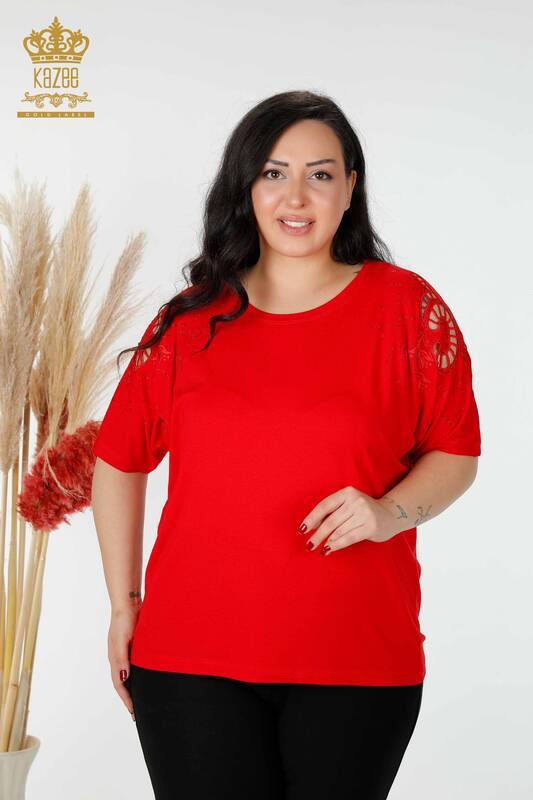 Bluză de damă cu ridicata cu detaliu pe umeri roșie - 77985 | KAZEE