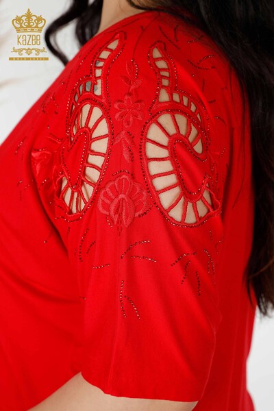 Bluză de damă cu ridicata cu detaliu pe umeri roșie - 77985 | KAZEE - Thumbnail