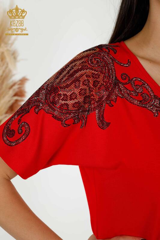 Bluză de damă cu ridicata cu detaliu pe umeri roșie - 79054 | KAZEE