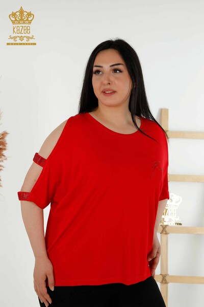 Bluză de damă cu ridicata cu detaliu pe umeri roșie - 79108 | KAZEE - Thumbnail