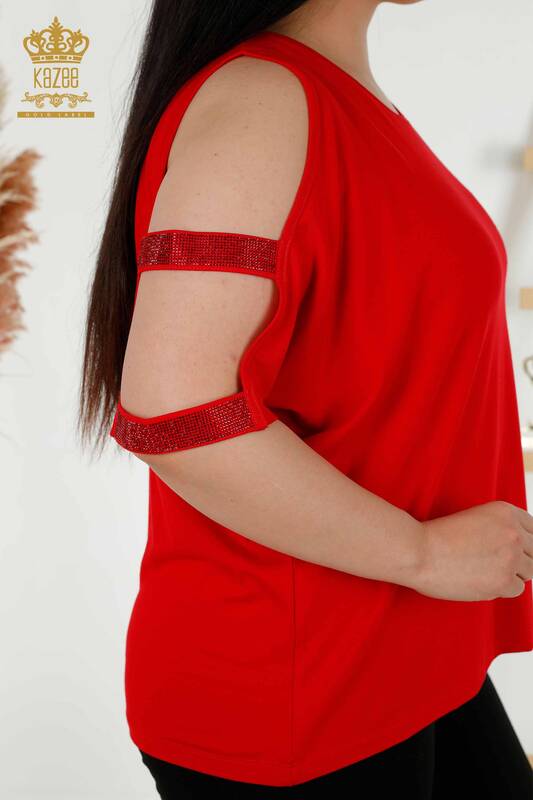 Bluză de damă cu ridicata cu detaliu pe umeri roșie - 79108 | KAZEE