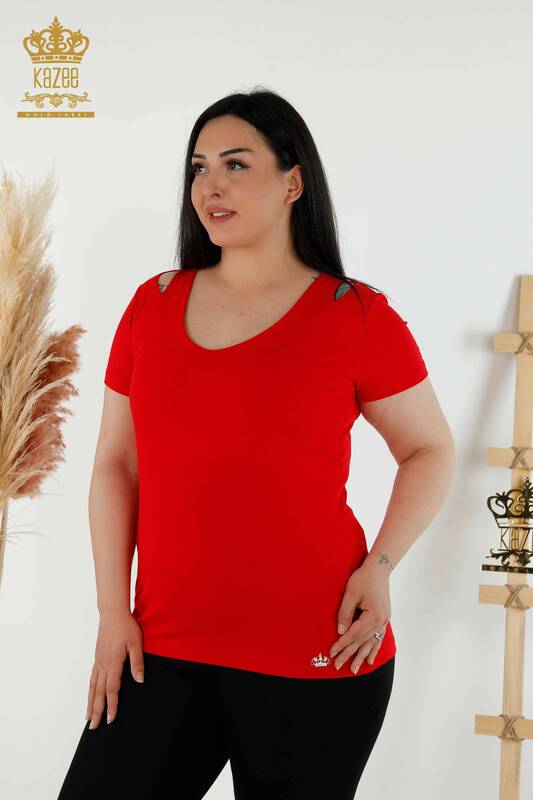 Bluză de damă cu ridicata cu detaliu pe umeri roșie - 79220 | KAZEE