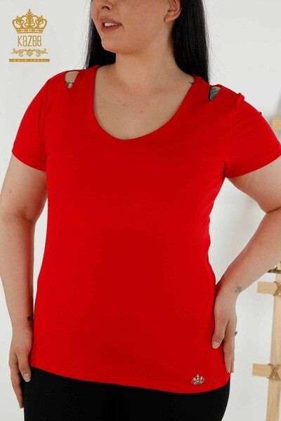 Bluză de damă cu ridicata cu detaliu pe umeri roșie - 79220 | KAZEE - Thumbnail
