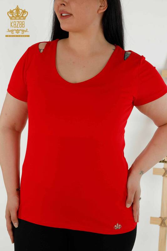 Bluză de damă cu ridicata cu detaliu pe umeri roșie - 79220 | KAZEE