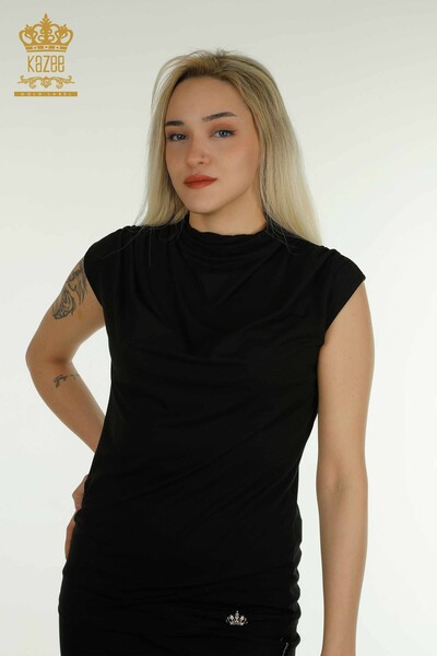 Bluza cu ridicata pentru femei cu maneca zero neagra - 79312 | KAZEE - Kazee