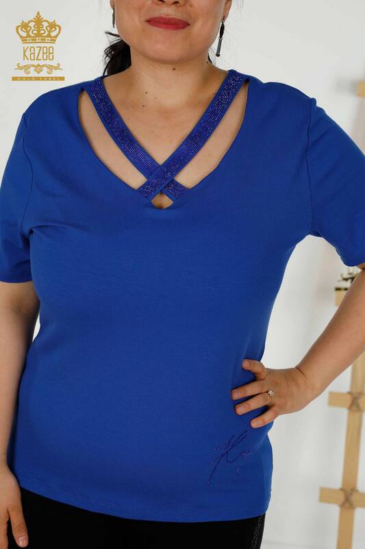 Bluză de damă cu ridicata cu guler detaliat Saks - 79311 | KAZEE