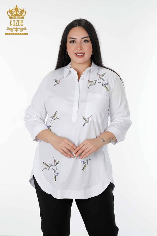 Cămașă cu ridicata pentru femei - Cu model de păsări - alb - 20129 | KAZEE