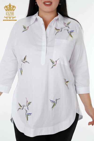 Cămașă cu ridicata pentru femei - Cu model de păsări - alb - 20129 | KAZEE - Thumbnail