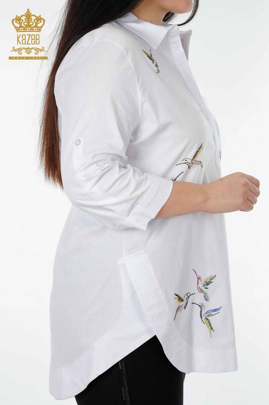 Cămașă cu ridicata pentru femei - Cu model de păsări - alb - 20129 | KAZEE