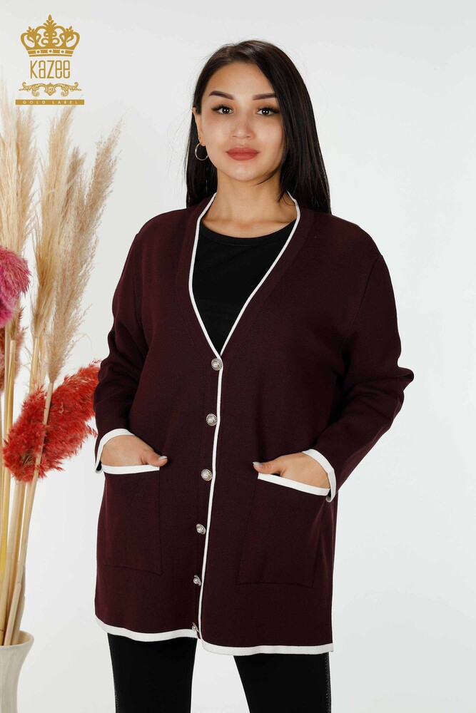 Cardigan cu ridicata pentru femei, cu buzunar cu nasturi, prune - 30148 | KAZEE - 1