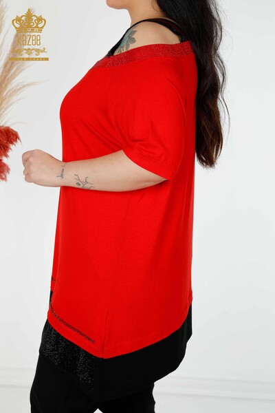 Comerț cu ridicata pentru femei tunică cu umăr detaliat roșu brodat cu piatră - 77721 | KAZEE - Thumbnail