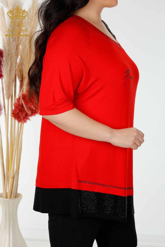 Comerț cu ridicata pentru femei tunică cu umăr detaliat roșu brodat cu piatră - 77721 | KAZEE