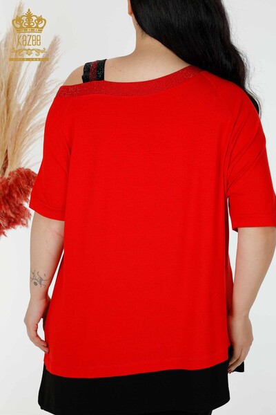 Comerț cu ridicata pentru femei tunică cu umăr detaliat roșu brodat cu piatră - 77721 | KAZEE - Thumbnail