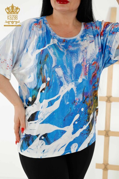 Bluză de damă cu ridicata cu piatră brodata albastră - 77000 | KAZEE - Thumbnail