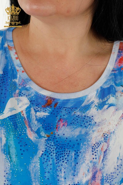 Bluză de damă cu ridicata cu piatră brodata albastră - 77000 | KAZEE - Thumbnail