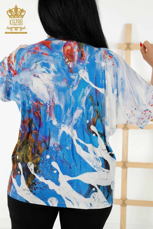 Bluză de damă cu ridicata cu piatră brodata albastră - 77000 | KAZEE