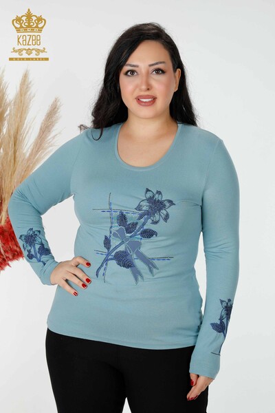 Bluză de damă cu ridicata cu piatră brodata albastră - 79011 | KAZEE - Thumbnail