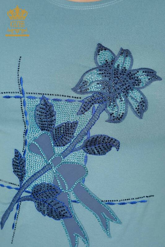 Bluză de damă cu ridicata cu piatră brodata albastră - 79011 | KAZEE