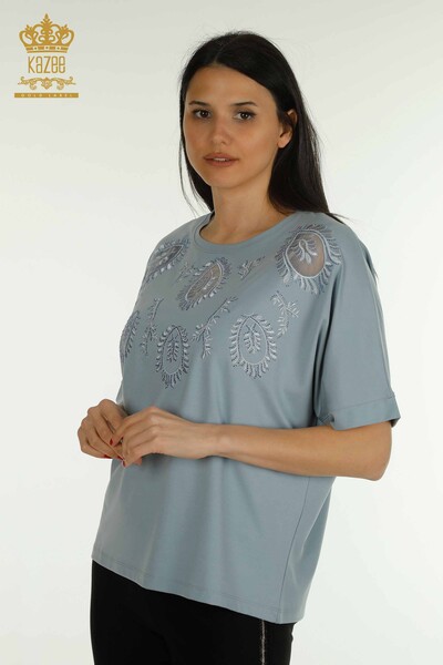 Bluză de damă cu ridicata - Brodat cu piatră - Albastru - 79556 | KAZEE - Thumbnail