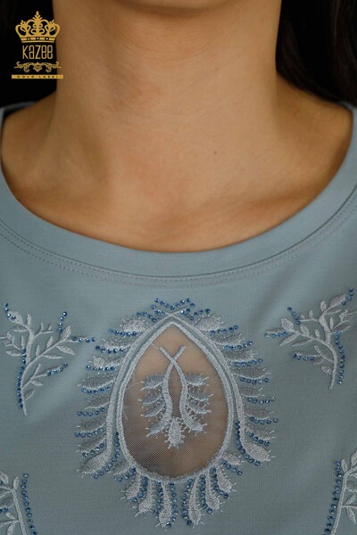 Bluză de damă cu ridicata - Brodat cu piatră - Albastru - 79556 | KAZEE - Thumbnail