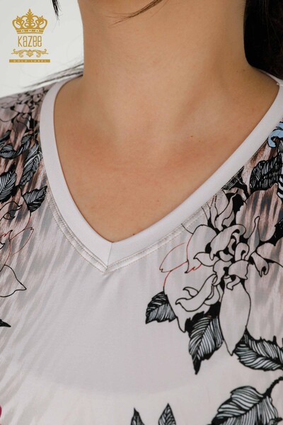 Bluză de damă cu ridicata cu piatră brodata bleumarin - 12026 | KAZEE - Thumbnail
