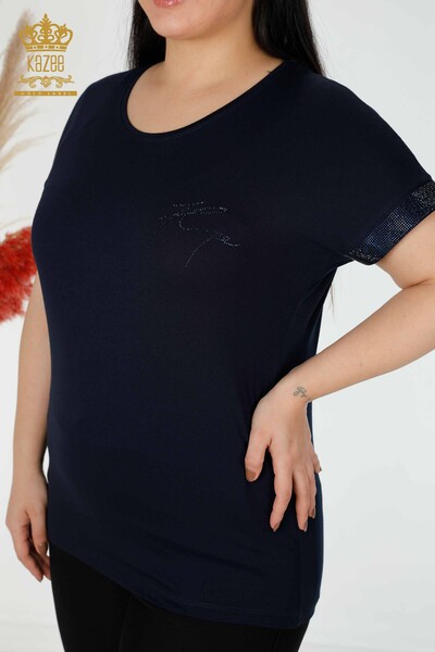 Bluză de damă cu ridicata cu piatră brodata bleumarin - 78918 | KAZEE - Thumbnail