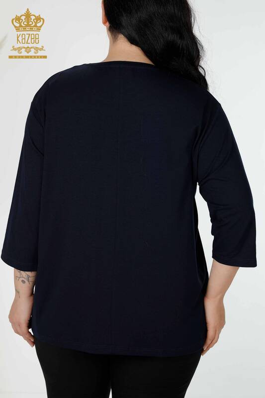 Bluză de damă cu ridicata cu piatră brodata bleumarin - 78952 | KAZEE