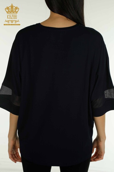 Bluză de damă cu ridicata cu piatră brodata bleumarin - 79057 | KAZEE - Thumbnail