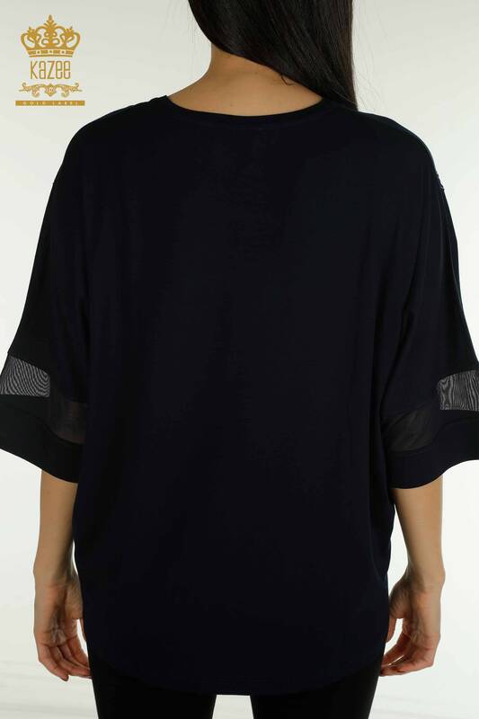 Bluză de damă cu ridicata cu piatră brodata bleumarin - 79057 | KAZEE