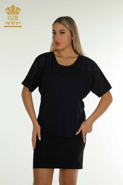 Bluză de damă cu ridicata cu piatră brodata bleumarin - 79097 | KAZEE - Thumbnail