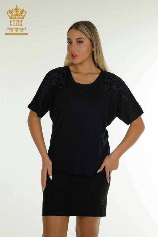 Bluză de damă cu ridicata cu piatră brodata bleumarin - 79097 | KAZEE