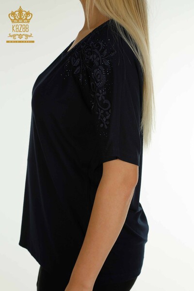 Bluză de damă cu ridicata cu piatră brodata bleumarin - 79097 | KAZEE - Thumbnail