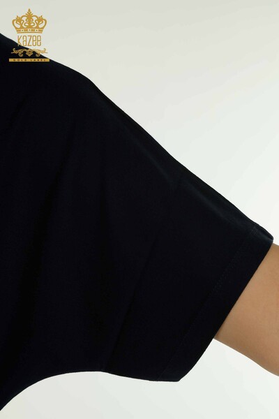 Bluză de damă cu ridicata cu piatră brodata bleumarin - 79107 | KAZEE - Thumbnail