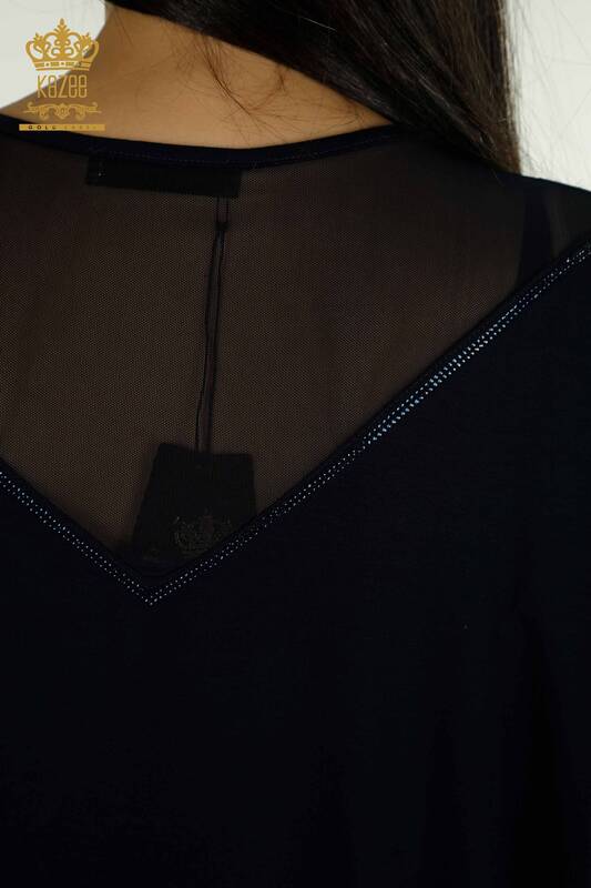Bluză de damă cu ridicata cu piatră brodata bleumarin - 79107 | KAZEE