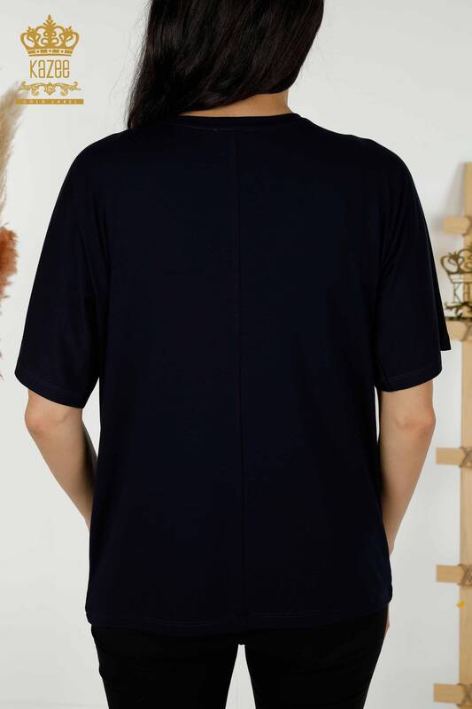 Bluză de damă cu ridicata cu piatră brodata bleumarin - 77487 | KAZEE
