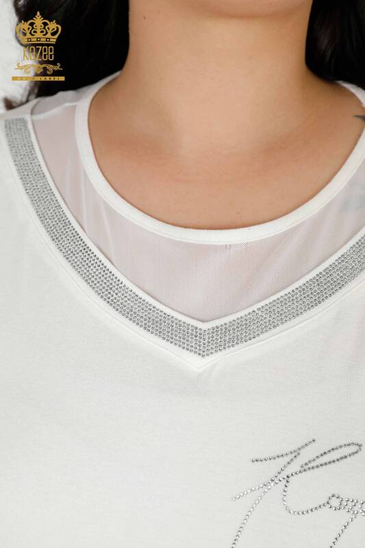Bluză de damă cu ridicata cu piatră brodata Ecru - 77870 | KAZEE