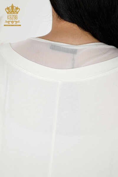 Bluză de damă cu ridicata cu piatră brodata Ecru - 77870 | KAZEE - Thumbnail