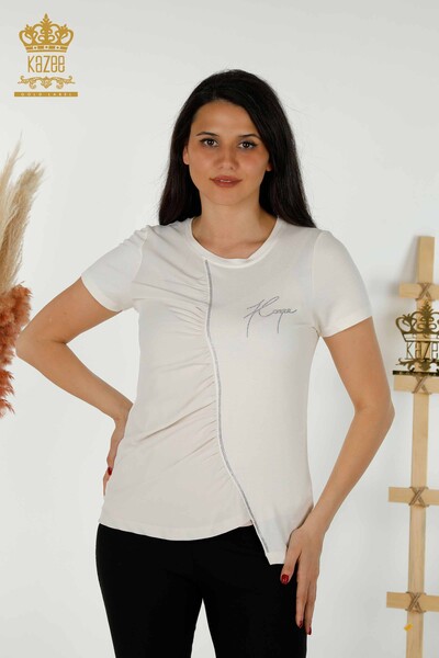 Bluză de damă cu ridicata cu piatră brodata Ecru - 79315 | KAZEE - Thumbnail
