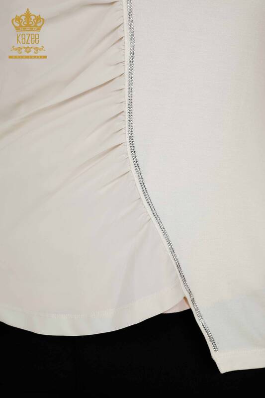 Bluză de damă cu ridicata cu piatră brodata Ecru - 79315 | KAZEE