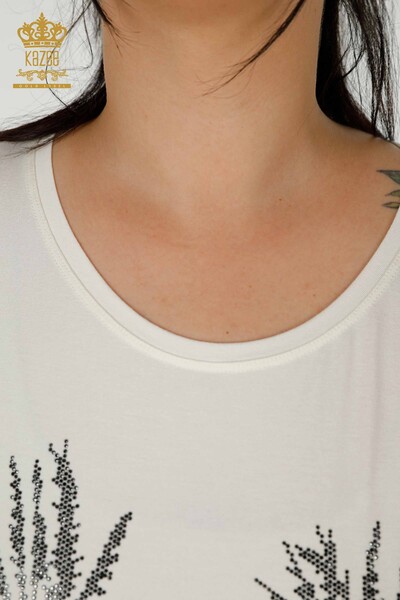 Bluză de damă cu ridicata cu piatră brodata Ecru - 79336 | KAZEE - Thumbnail