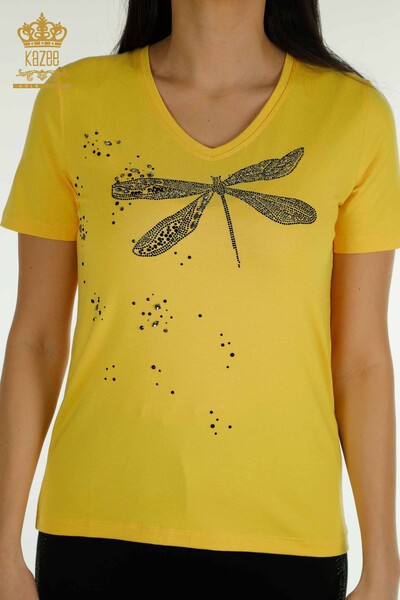 Bluză de damă cu ridicata cu piatră brodat galben - 79362 | KAZEE - Thumbnail